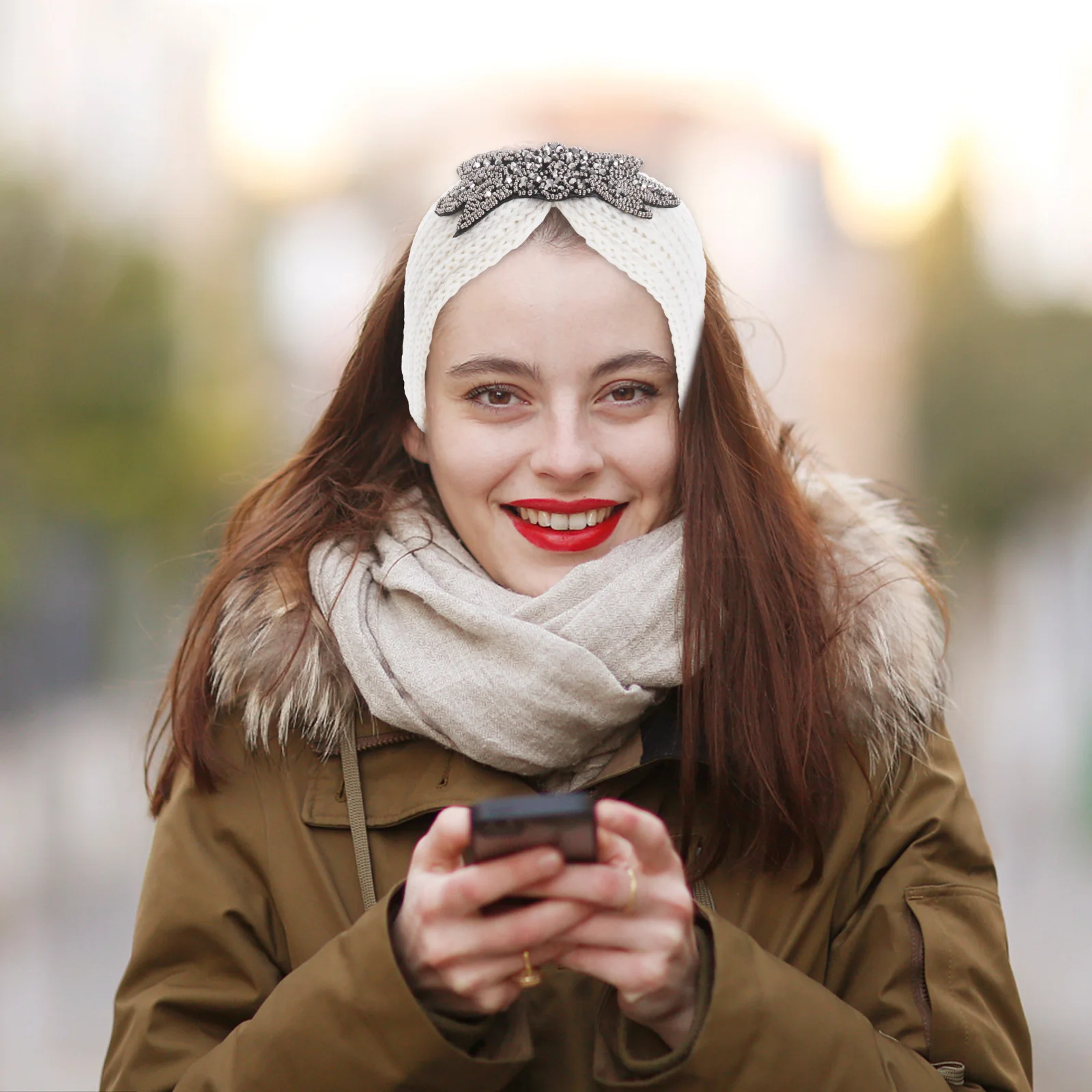 

Повязка на голову со стразами, вязаная шерстяная пряжа, обручи для волос, теплая зима, бежевый цветочный узор, минималистичный дышащий повязка на голову