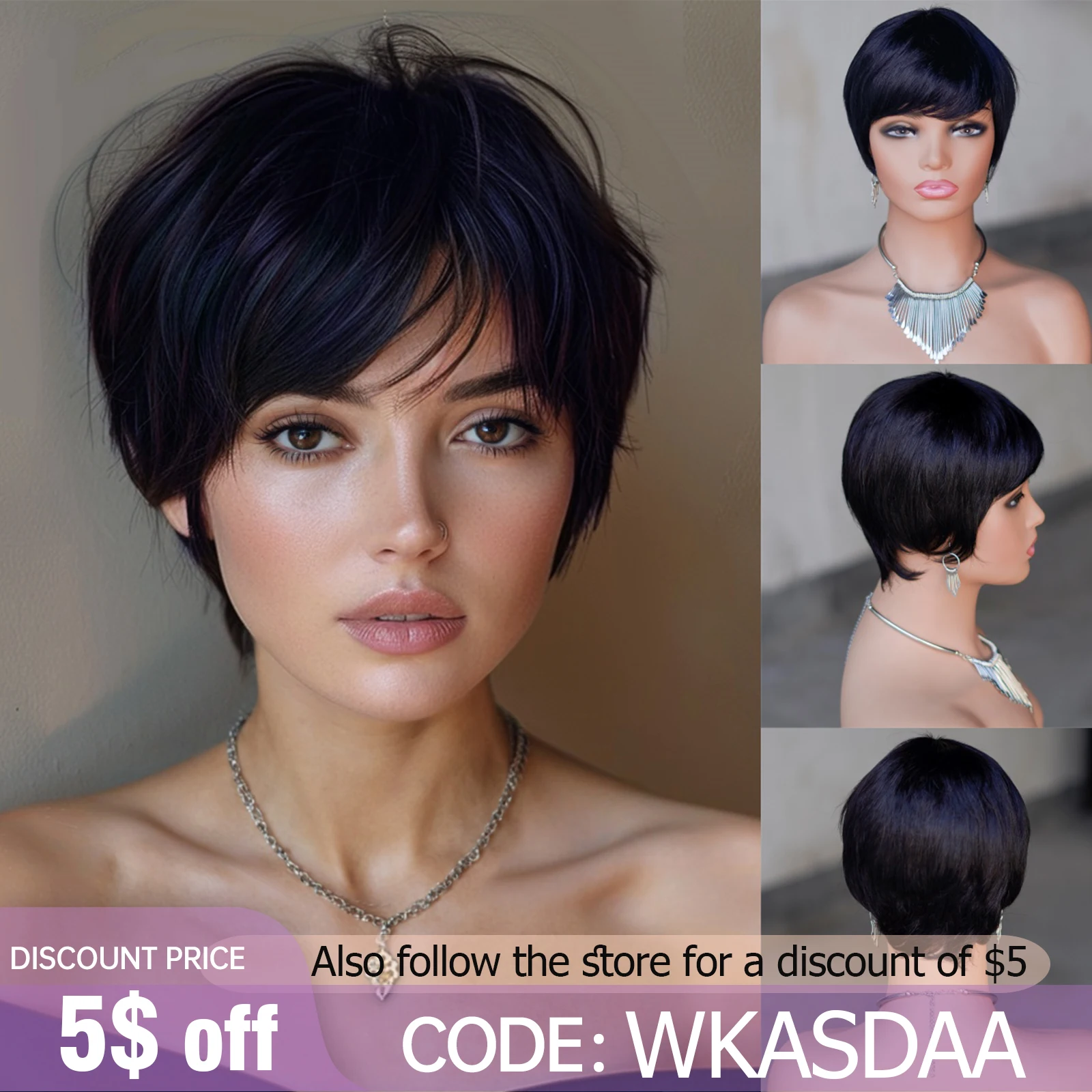 Pixie Cut 100% wig rambut manusia Remy wig rambut lurus asli hitam pendek dengan poni mekanisme penuh wig rambut manusia untuk wanita Afro