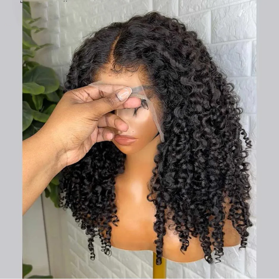 Babyhair-peluca rizada de encaje frontal para mujer, pelo sintético suave de 26 pulgadas de largo, color negro Natural, 180de densidad, resistente al calor, predesplumada, uso diario