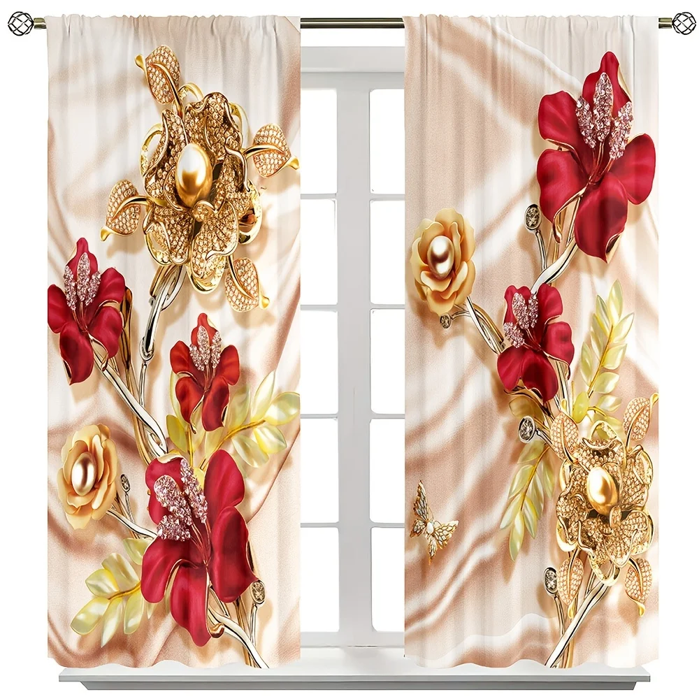 2pcs Luxury Swan Red Golden Flower Pattern Printed Curtain Home Decor Rod Pocket Curtain For Bedroom Living Room Home Decor