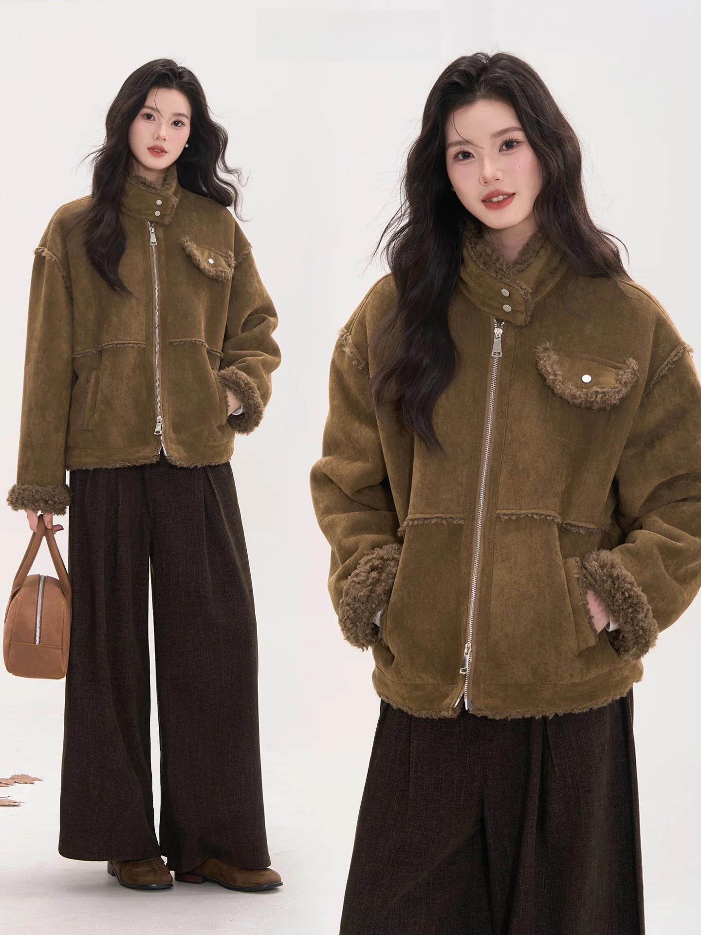 

Heme Sweet Soda Spliced Fce Lined Motorcycle Jaet Women Winter Suede Velvet Coat Street Sle Loose Fit Long Sve Zipper