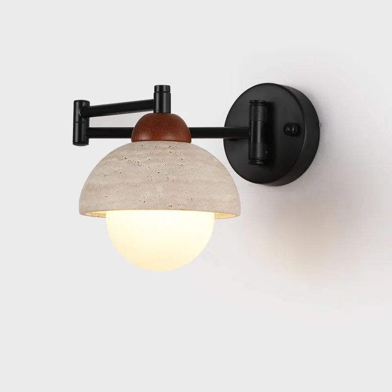 Medieval silent wind rocker arm wall lamp bedroom room yellow travertine retractable living room background wall reading wall