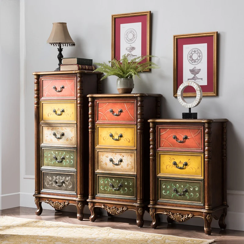 Solid wood painted chest of drawers Living room rubber wood chest of drawers Bedroom storage decorative cabinet