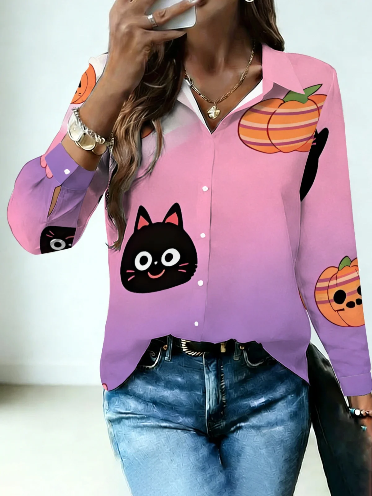 Minimal Kawaii Halloween Womens Collared Shirt Pastel Pink Purple Ombre Base Cartoon Black Cat Pumpkin Allover Print Long Sleeve