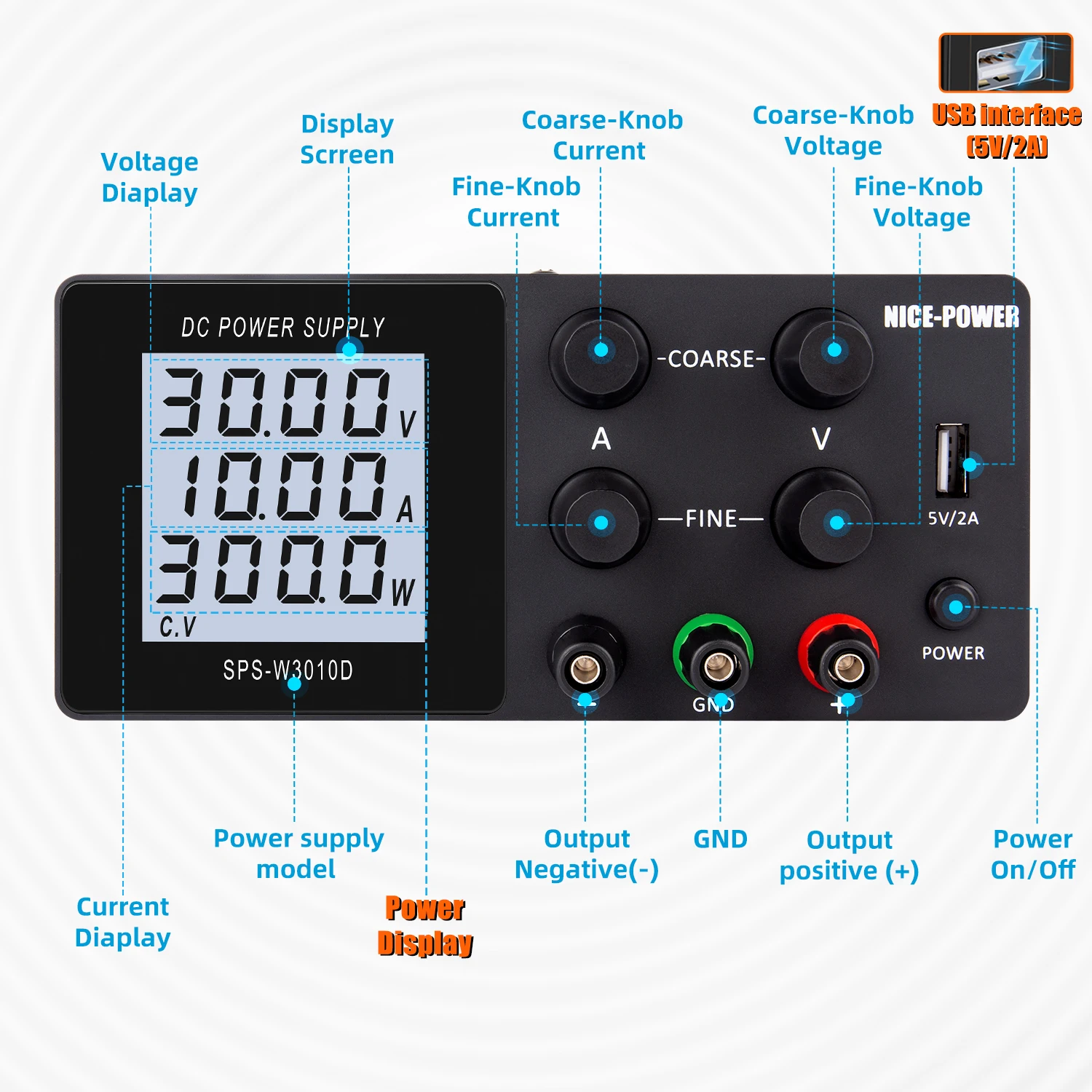 DC Laboratory Power Supply 30V10A/60V5A/30V5A Adjustable Switching Power Supply Voltage Regulator USB Interface Digital Display