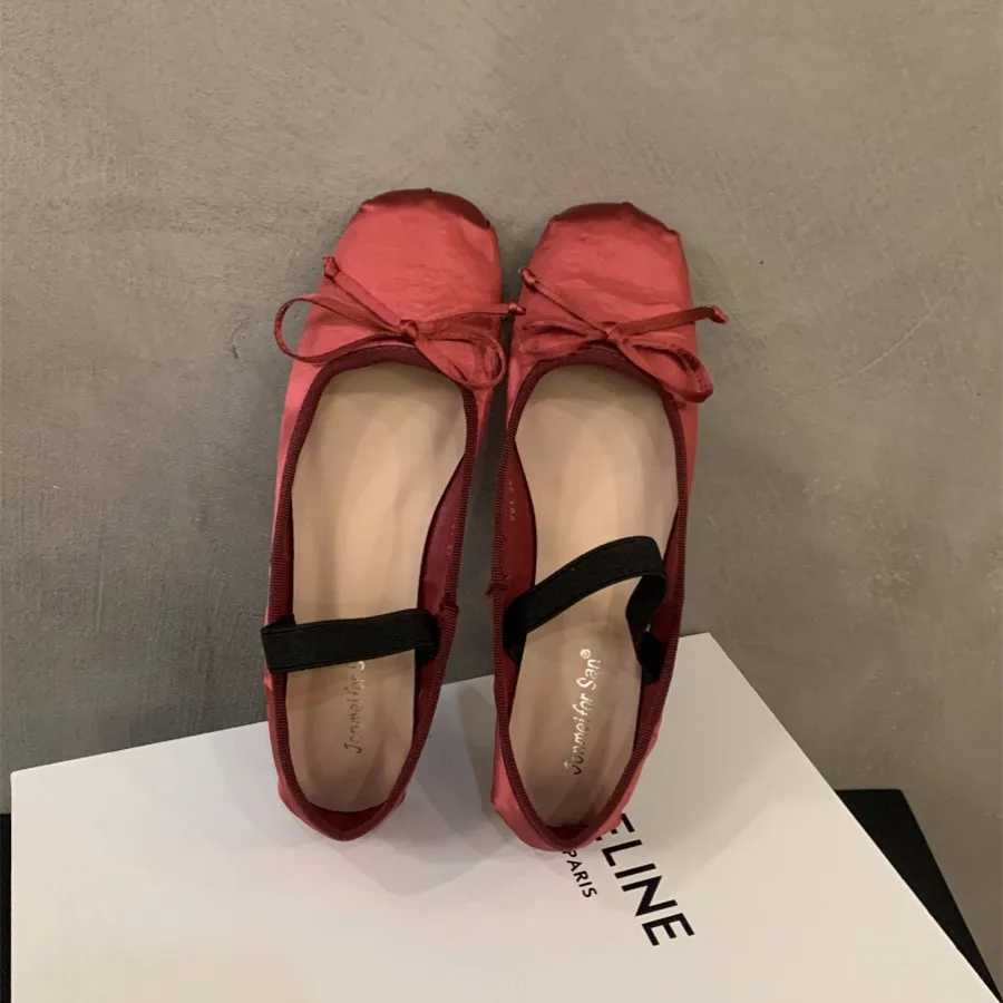 Bailamos Brand Luxury Satin Silk Ballet Shoes Woman Classic Square Toe Bowtie Elastic Band Ballerina Flats Ladies Soft Loafers M