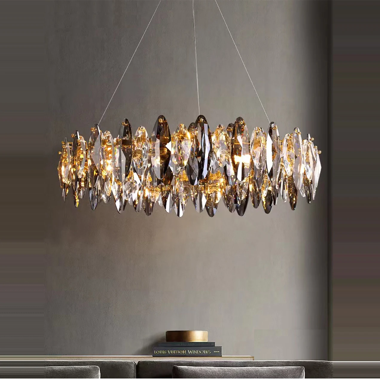 

Art Deco Round LED Postmodern Crystal Leaves Silver Gold Chandelier Hanging Lamp Lighting Lustre Chandelier Lighting For Foyer