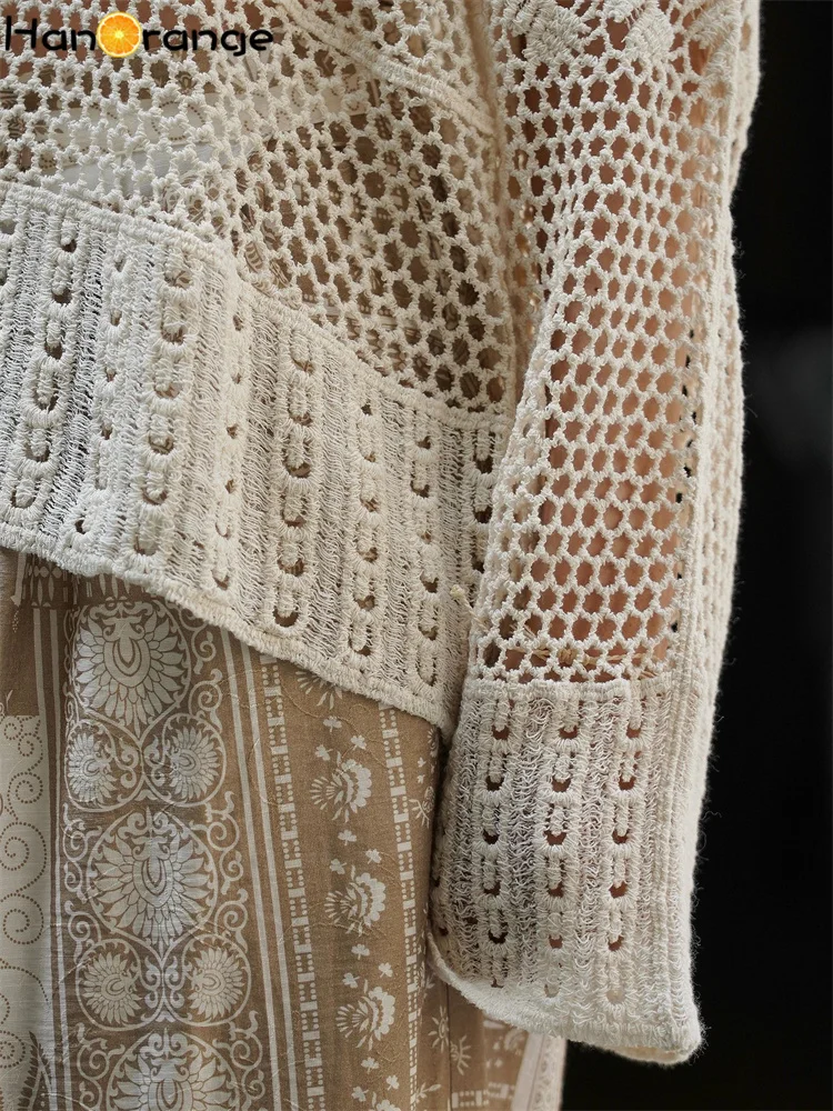 HanOrange 2025 Summer Lazy Heavy Feeling Hook Flower Hollow Knitted Sweatshirt Women Warm Skin Friendly Knitting Top Apricot