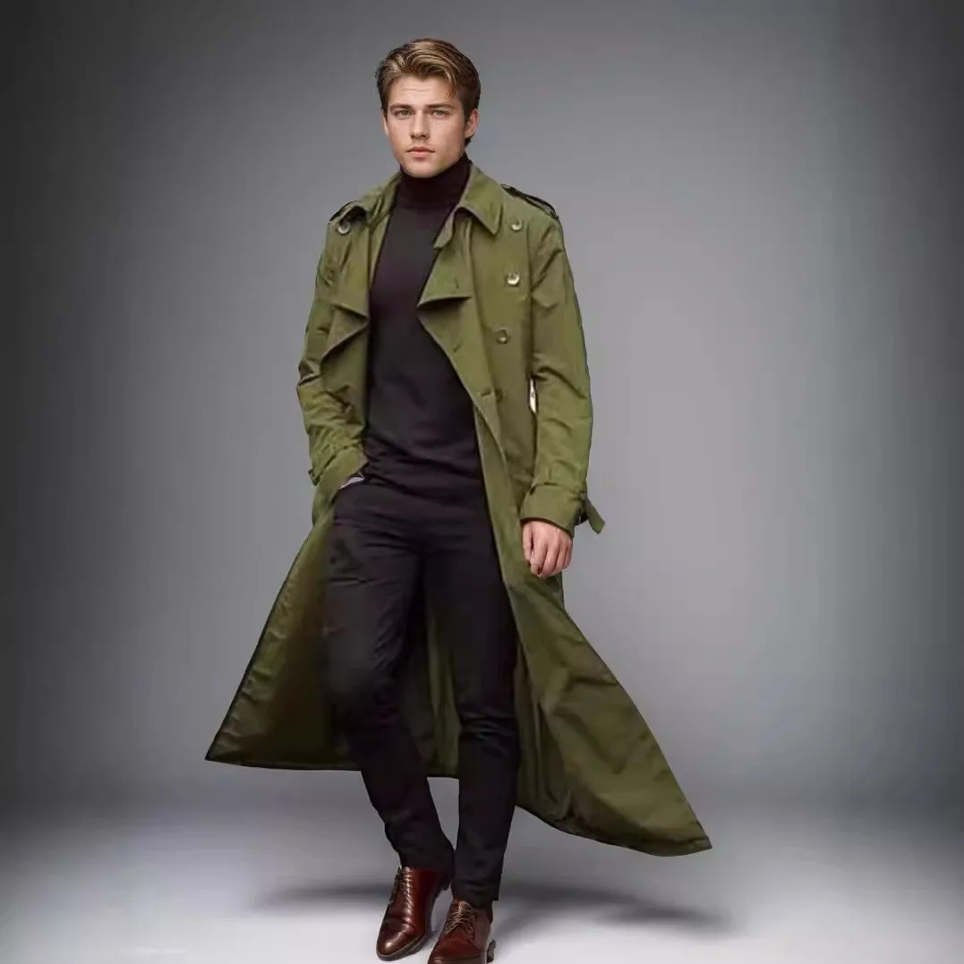 Mężczyźni Trench Turn Down Collar Long Coat Button Jackets Full Sleeve Casual Solid Coats Straight Pocket Male High Street 2024