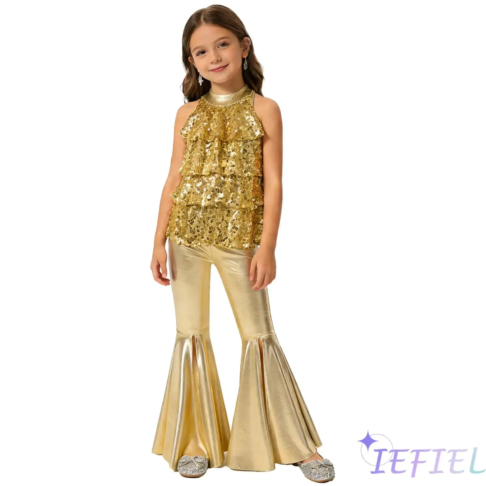 

2Pcs/Set Kids Girls Jazz Hip Hop Dance Costume Halter Backless Shiny Sequins Leotard with Split Bell-Bottom Metallic Pants