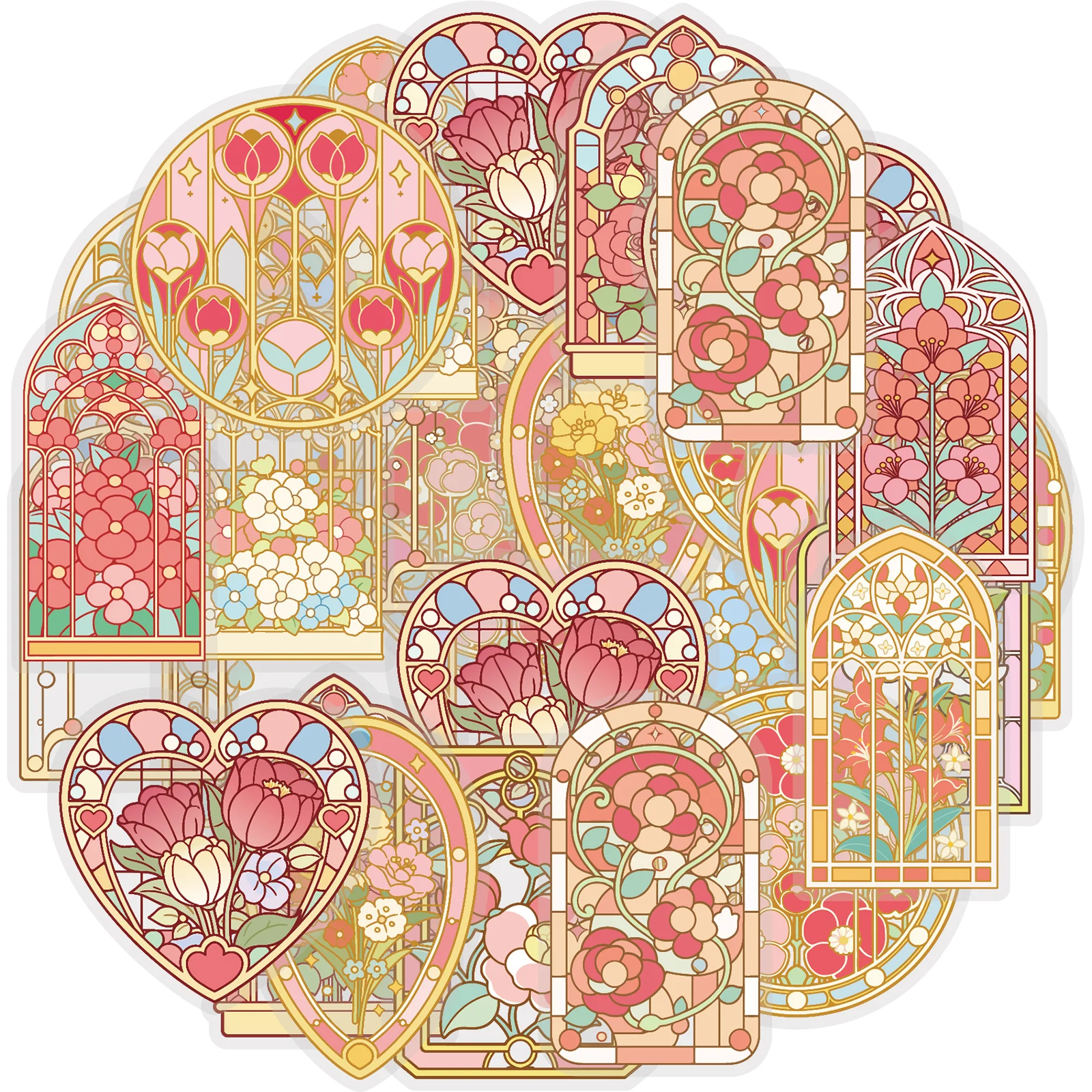 EtoriLife 15pcs Romantic Floral Stained Glass Window Pattern PET Stickers are suitable for laptops, phone stickers, handbags, photo albums, water bottles, pencil cases, scrapbooking supplies, office decoration items, room decoration, school supplies, Korean stationery, children's stickers, and gifts for friends