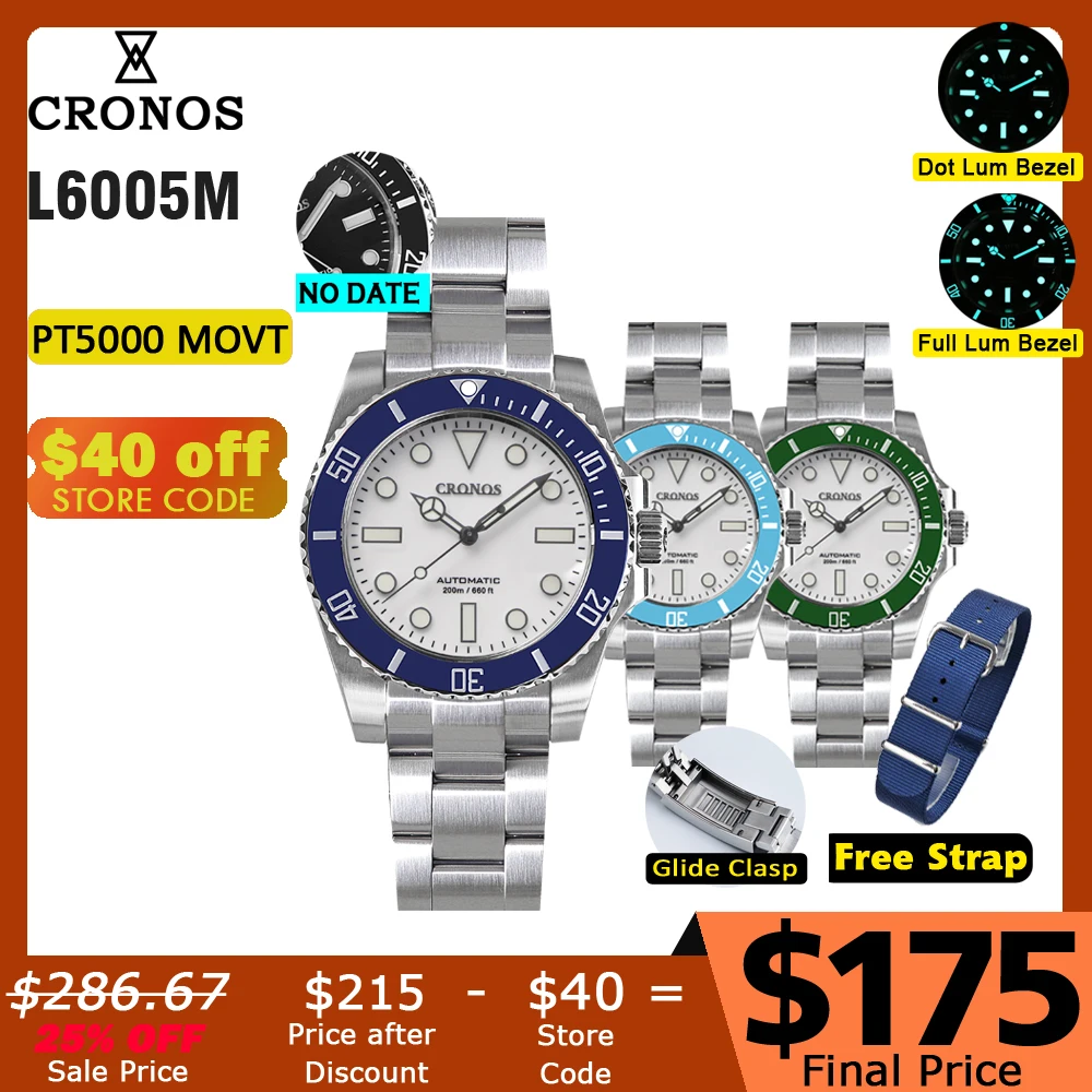 

Cronos Sub Diver Men Watch Black&White No Date PT5000 Bracelet Ceramic Rotating Bezel 200 meters Water Resistant Glideclasp