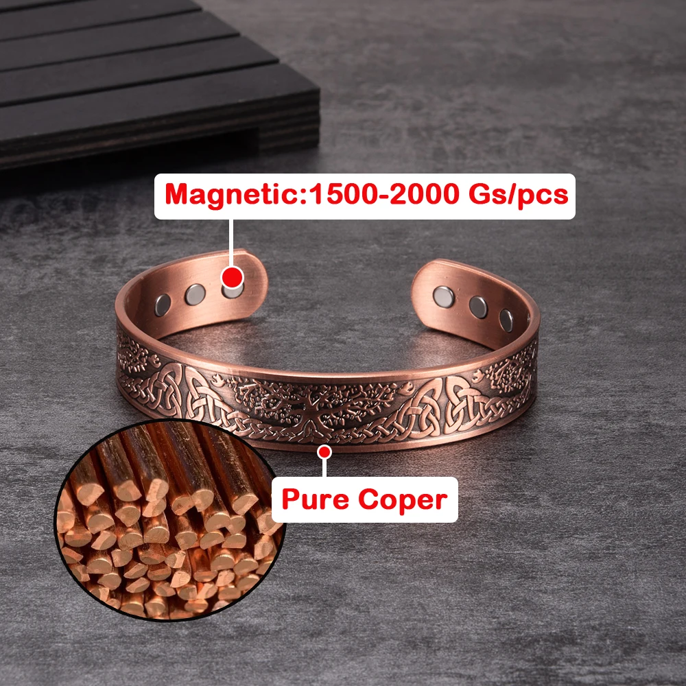 Vinterly Pure Copper Bracelet Yggdrasil Vintage Knot Magnetic Therapy 15mm Adjustable High Magnets Bangles Resizable Jewelry Men