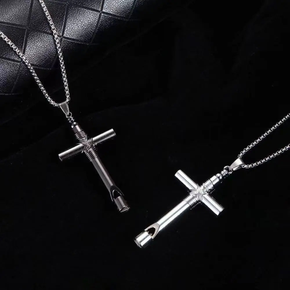 Creative Cross Whistle Necklace Simple Chain Minority Halloween Necklace Titanium Steel Men\'s Neck Chains Punk Choker