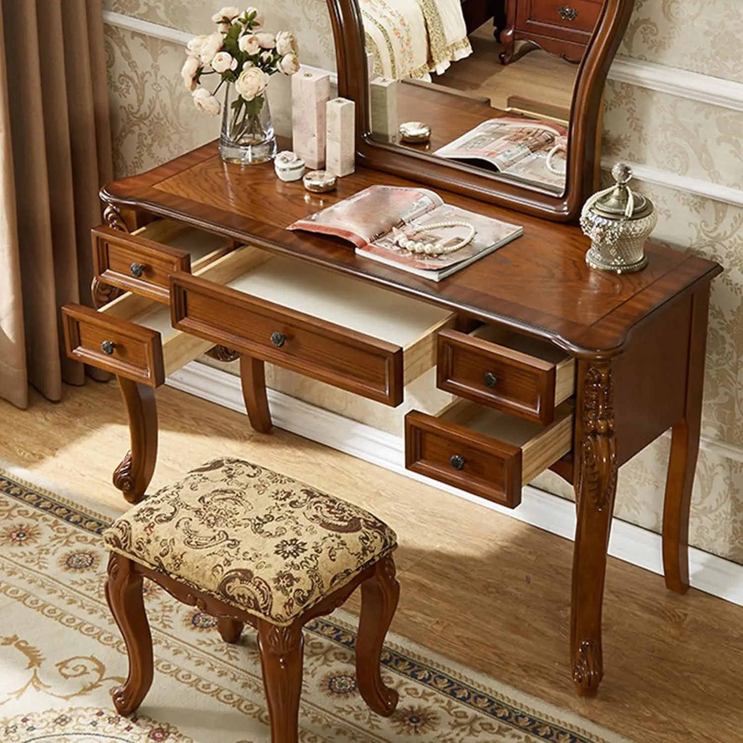 Victorian Makeup Vanity Table with Mirror, 5 Drawers & Stool,Dark Brown 47"