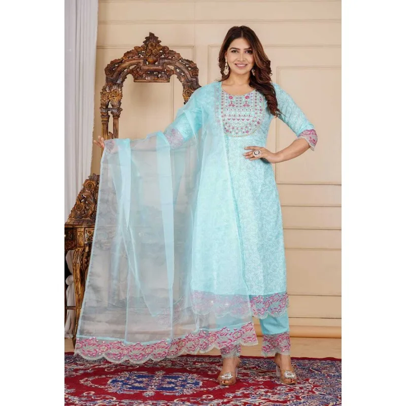 

Heavy Embroidery Work Salwar Suit Blue Anarkali Kurta Palazzo & Dupatta Dress