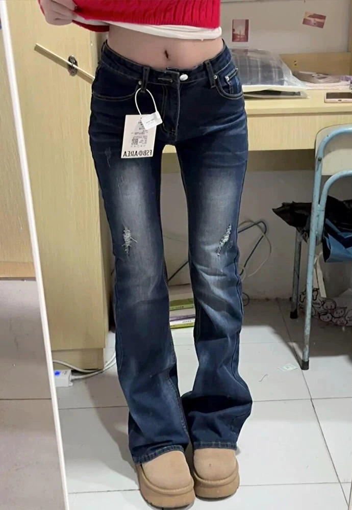 

Y2K Low Waist Jeans Women American Style Washed Slightly Flared Pants Spicy Girl Versatile Slim Fit Floor Length Autumn Spring