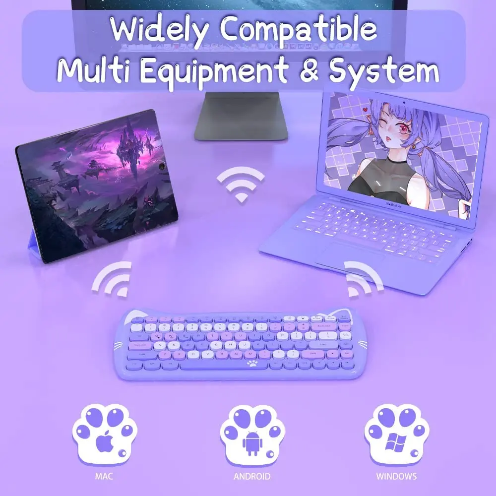 84 Key Cute Bluetooth Keyboard, Portable Thin Wireless Keyboard with Colorful Round Keycap Kawaii Cat Ears Design with Android