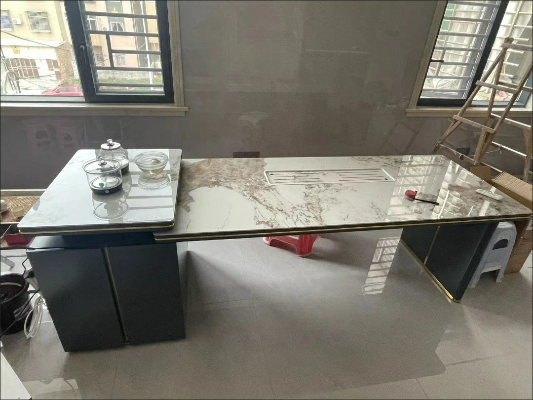 //Light Luxury Multi-functional Rock Slab Telescopic Dining Table With Induction Cooker, With Socket Storage Table Integrated.