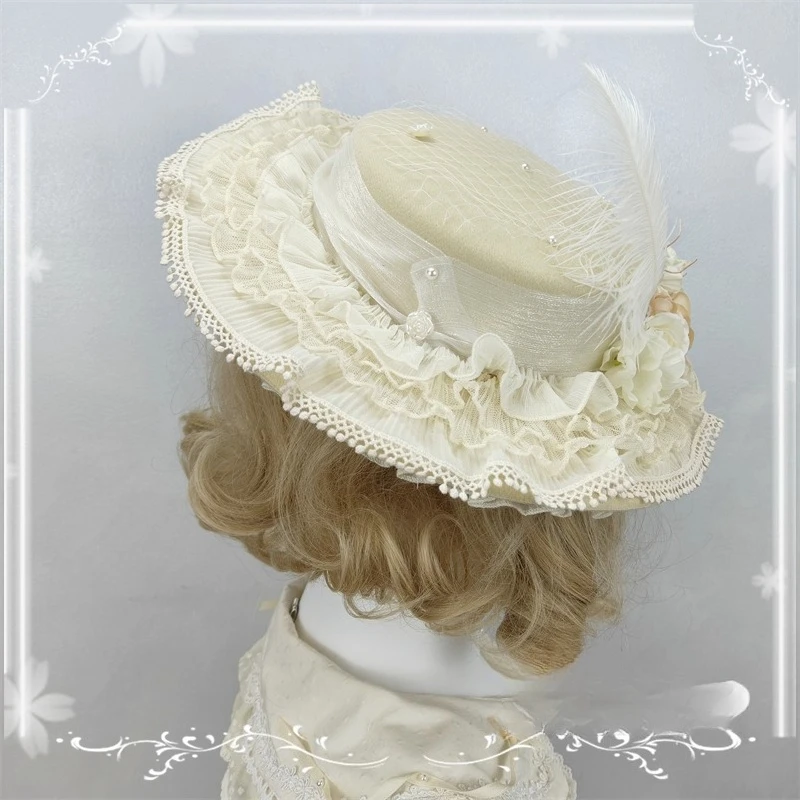 Lolita Elegant Top Hat Generative Color Bonnet Flat Top Flat Hat Big Eaves Dome BNT Lace Bow Travel