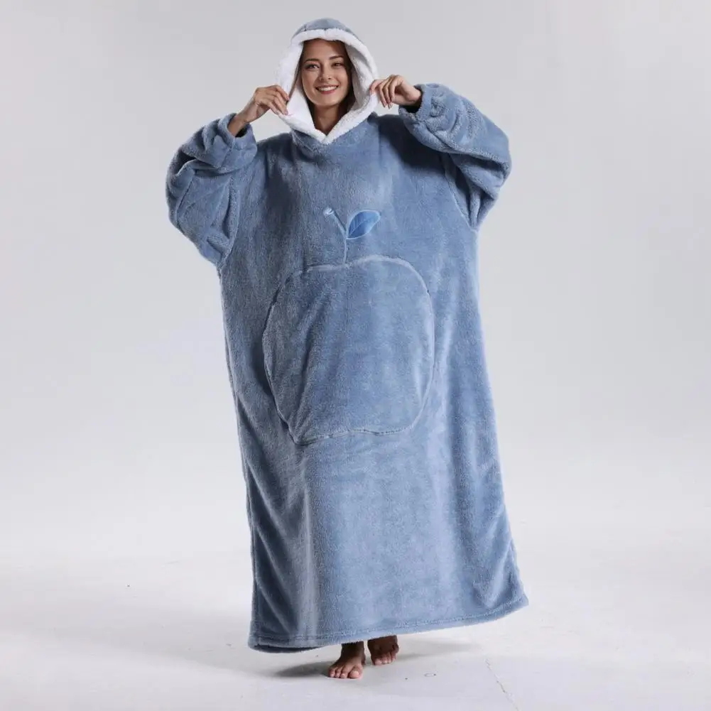 Winter Women Blanket Bathrobe Thick Double-sided Fleece Long Sleeves Pajamas With Big Pocket Heat Retention Lazy Sleeve Blanket