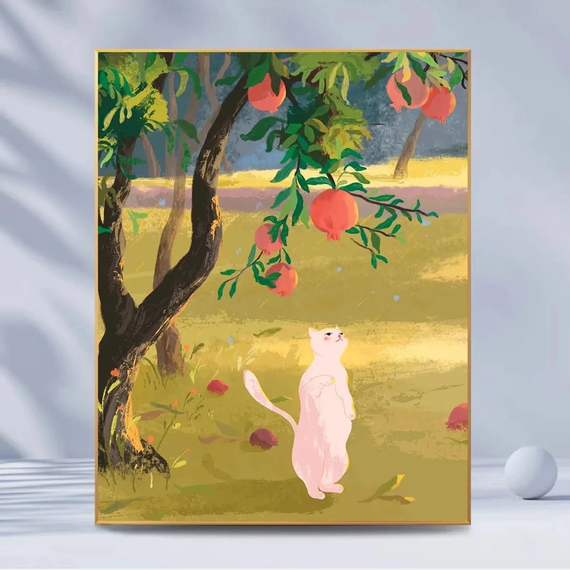 

Hand -filled color spring day girl cat oil color painting tulip cherry cure simple hanging digital oil painting