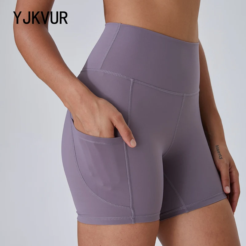 YJKVUR Nylon Women\'s Shorts Cycling Gym Yoga Fitness Shorts Side Pockets High Waist Soft Tight Elastic Shorts Womens Clothing