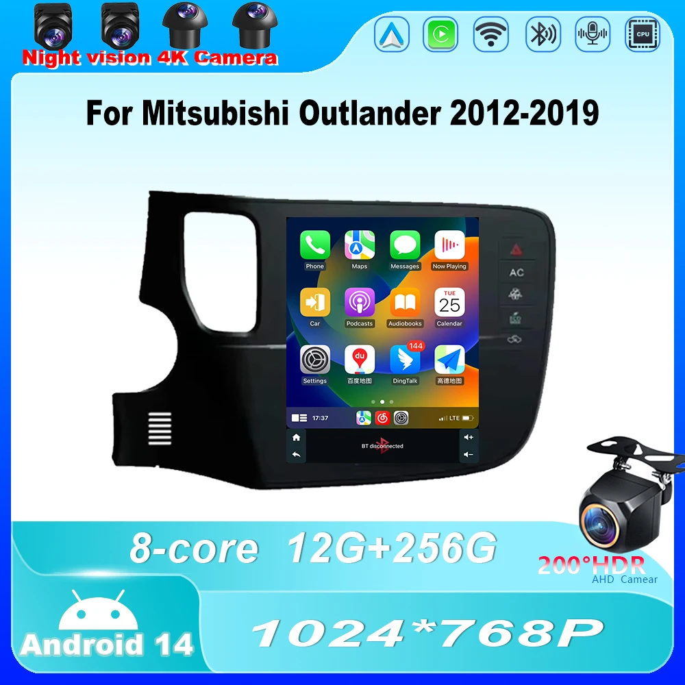 9.7" Android 14 For Mitsubishi Outlander 2012-2019 Car Radio Wireless Carplay Multimedia Player 8 CORE 2 DIN GPS IPS LED