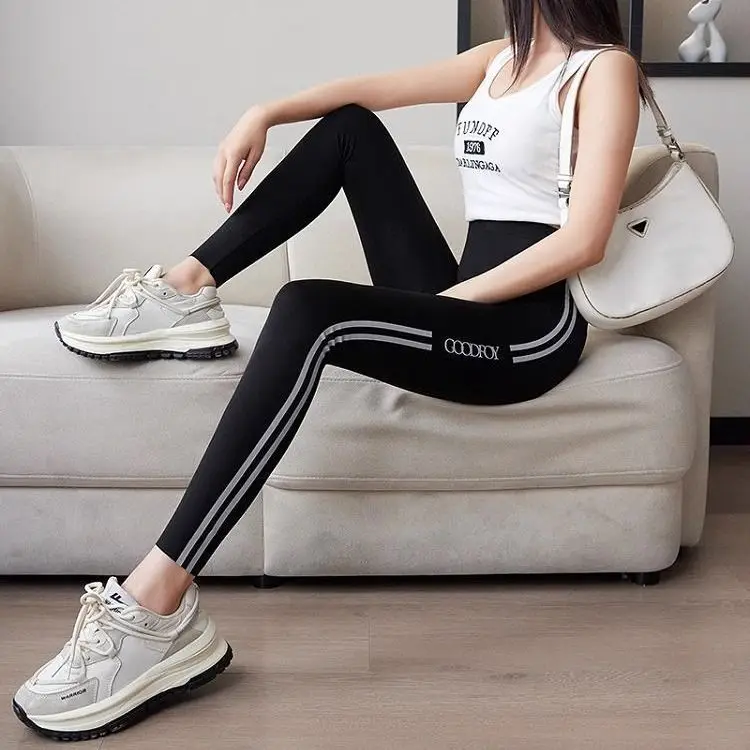 ด้านข้างลาย Shark กางเกงผู้หญิงฤดูใบไม้ผลิและฤดูใบไม้ร่วงบางสวมใส่ด้านนอกเอวสูงยกสะโพกยืดหยุ่นโยคะตุ๊กตาบาร์บี้กางเกงกางเกงขายาว