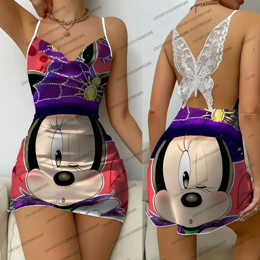 Disney Minnie Mouse Summer Dress Women Elegant Backless Slip Nightwear Fashion Butterfly Lace Crew Neck Sleeveless Skirt
