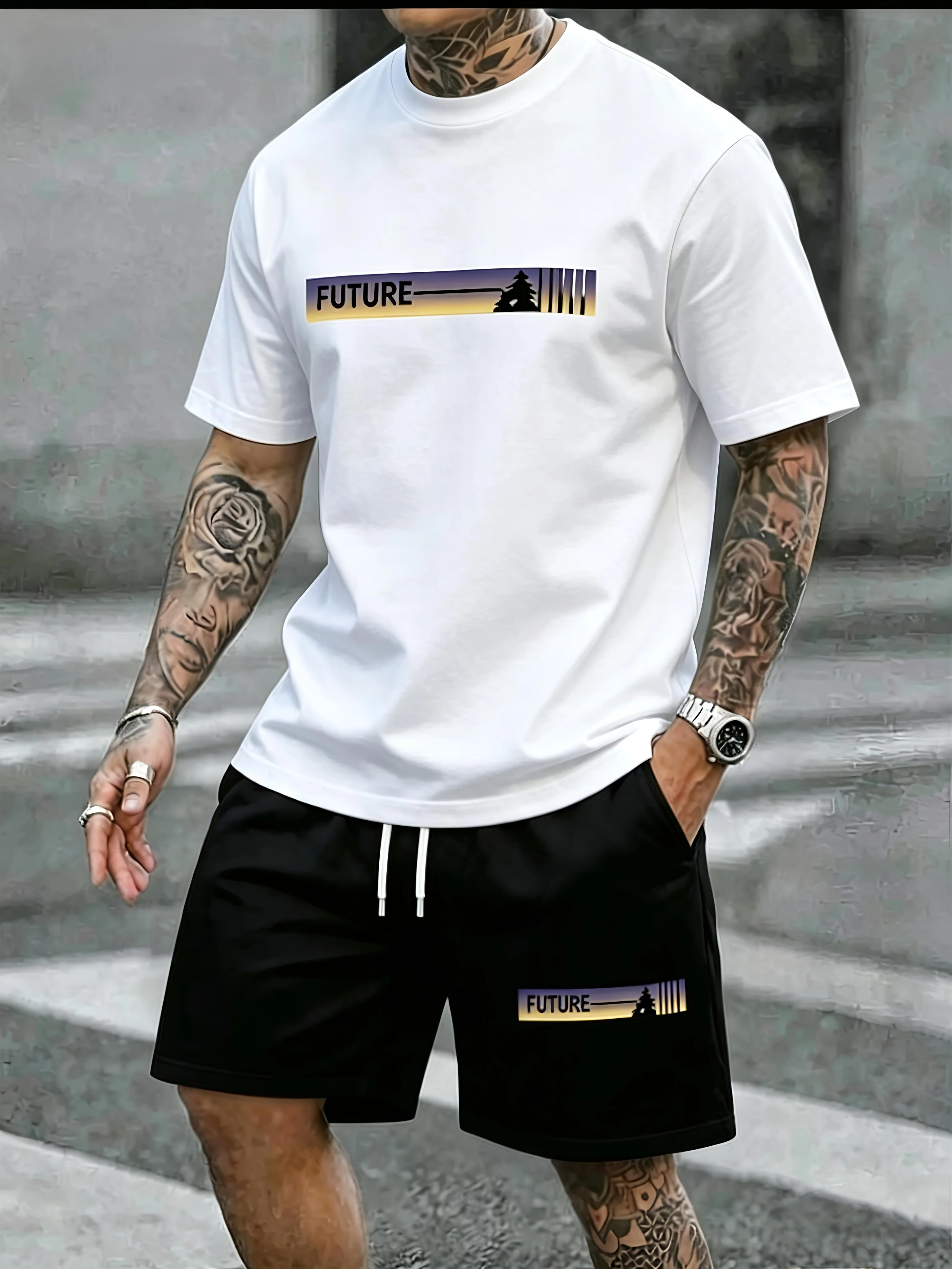 

Summer print fashion trend casual sports two-piece set for young men, short sleeved T-shirt+shorts set