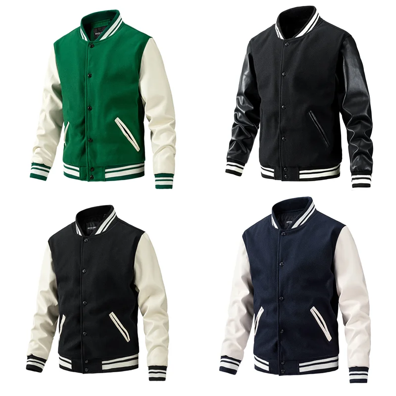 High Level Men Women PU Leather Sleeve College Baseball Jacket Letterman Wool Varsity Coat Green Grey Navy Blue Black