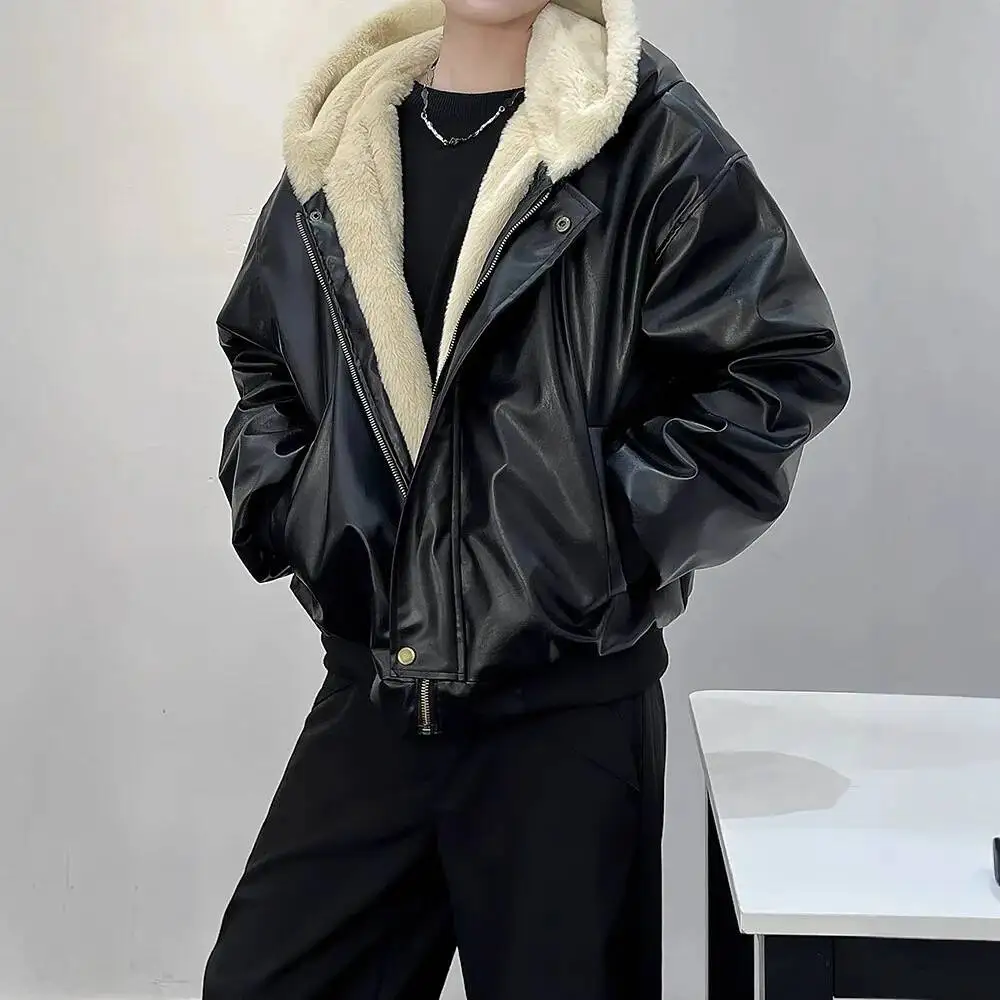 

Роскошное винтажное короткое американское пальто из искусственного меха, двусторонняя одежда, теплая куртка из искусственной кожи с капюшоном, зимняя толстая шикарная верхняя одежда, новинка