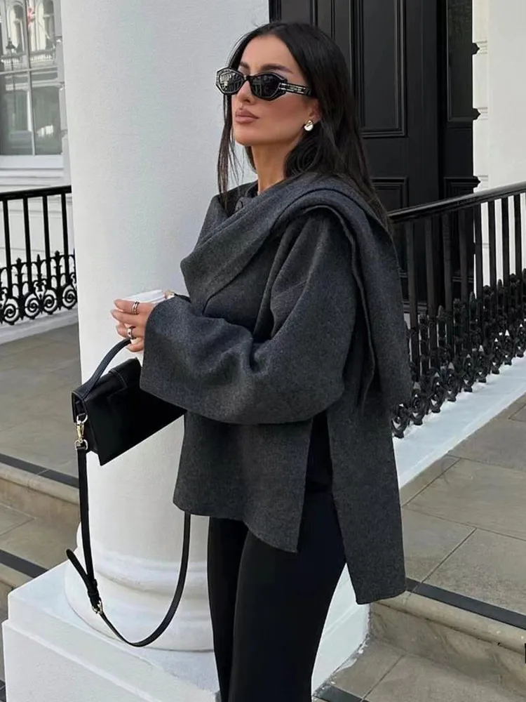 Yangelo Elegant Chic Gray Knitted Cape Coat with Scarf Women Fashion Long Sleeve Loose Cardigan Female Winter Streetwear