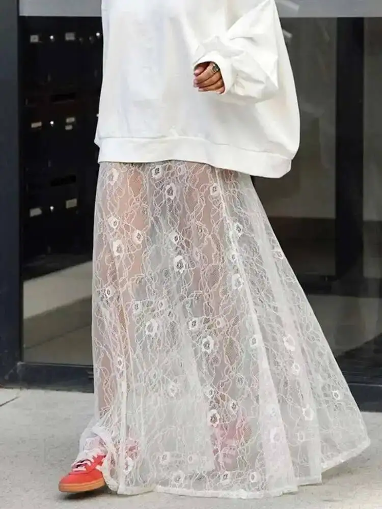 Sexy Perspective Lace Skirts Mid Length Fashion 2025 Autumn Hollow Out Bottom A-Line Skirt Temperament Women Clothing Mesh 0LB8