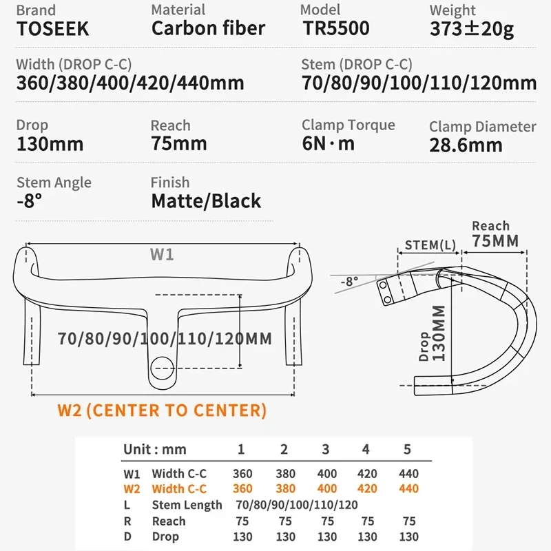 TOSEEK Full Carbon Road Bike Handlebar Hidden Line Integrated Handlebar 360/380/400/420/440mm Carbon Gravel Bicycle Drop Bar