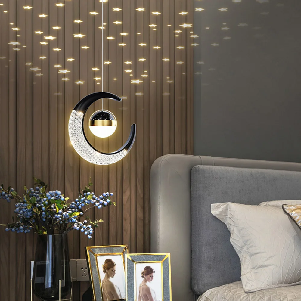 Nordic Luxury Gold /Black Moon Star LED celling Lights For Living Bedroom Bedside Pendant Lamps Suspension Chandelier Lighting