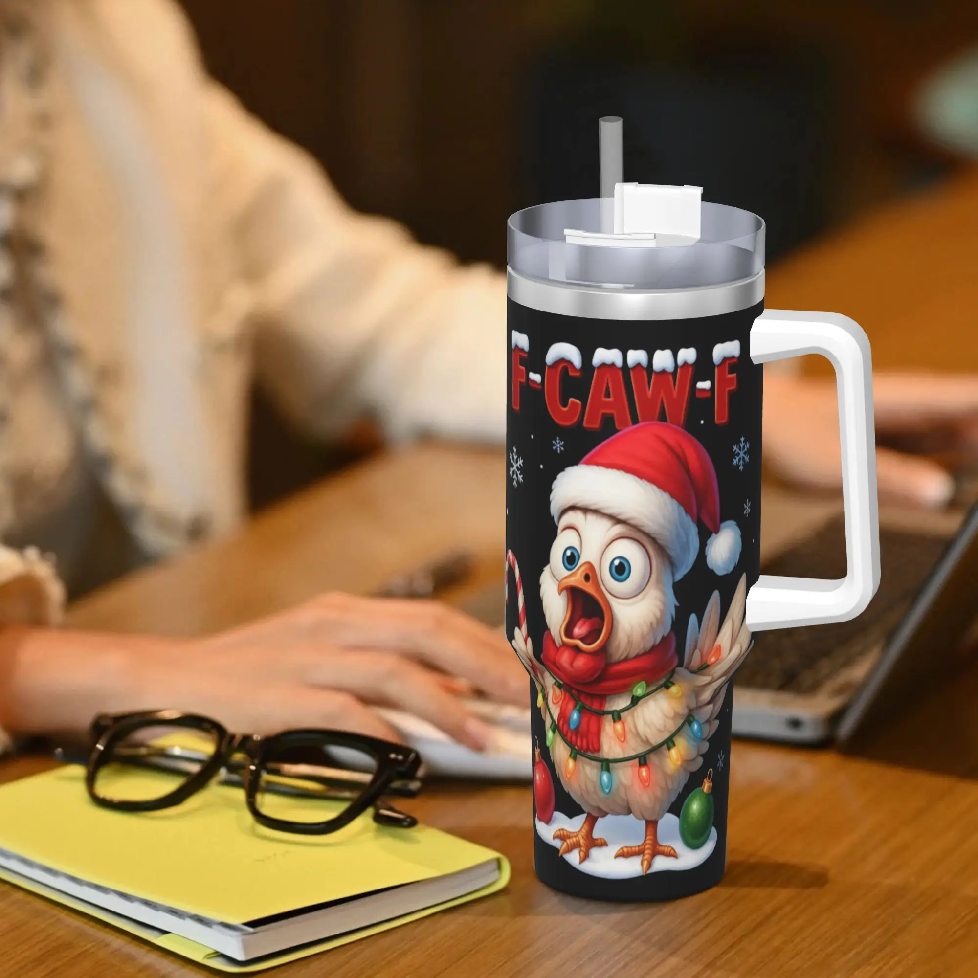 F CAW F عيد الميلاد الدجاج بهلوان من الفولاذ المقاوم للصدأ كوب قهوة للسفر مع القش وغطاء 40 أوقية أكواب كوب المشروبات الساخنة زجاجة ماء