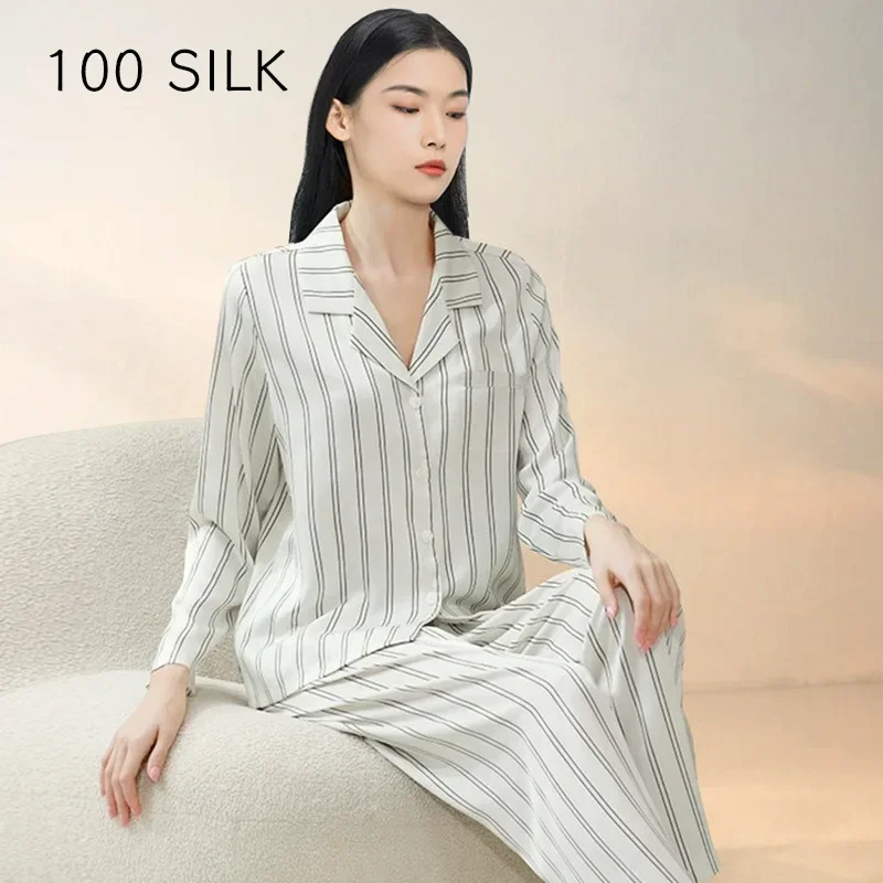 100% Mulberry Silk Couple Long-sleeved Trousers Suit Striped Silk Pajamas Leisure Home Wear Lapel Cardigan 2 Piece Set Pijamas