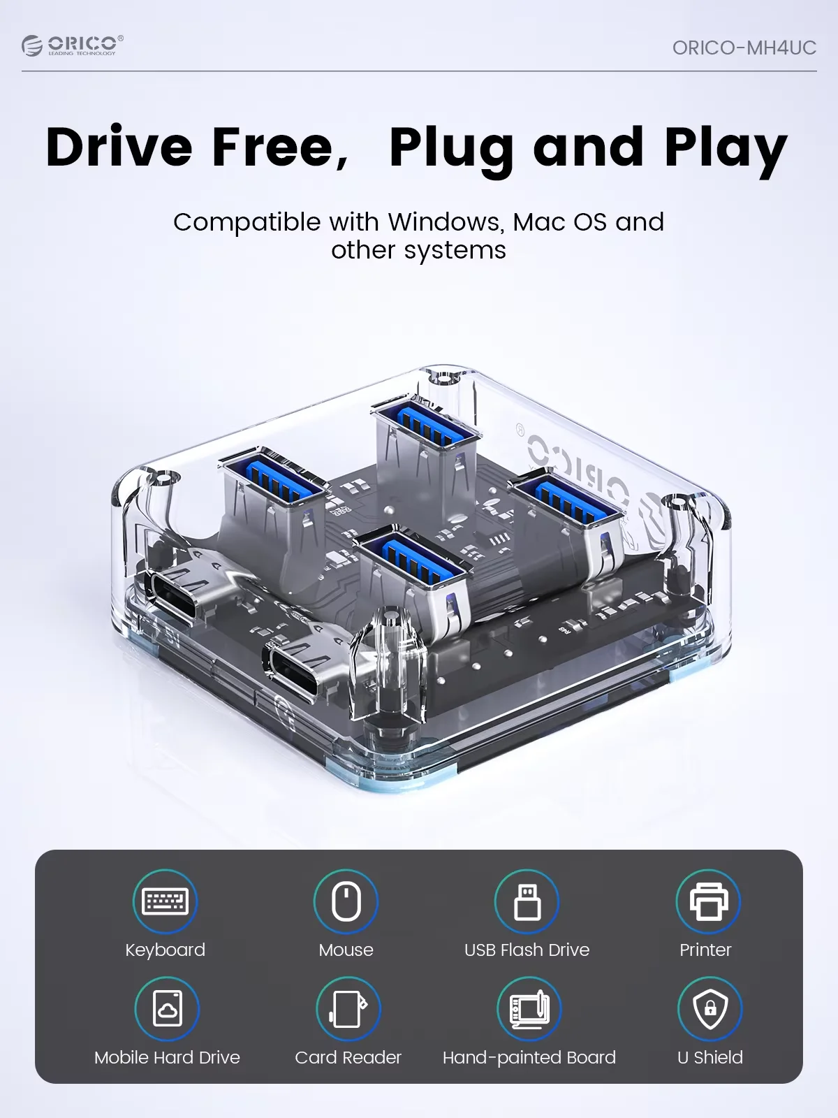 ORICO USB 3.0 Hub With Power Supply 4 Port Transparent Expansion Interface OTG Dapter Type C Hub PC Computer Dcoking Stantiom - view 4