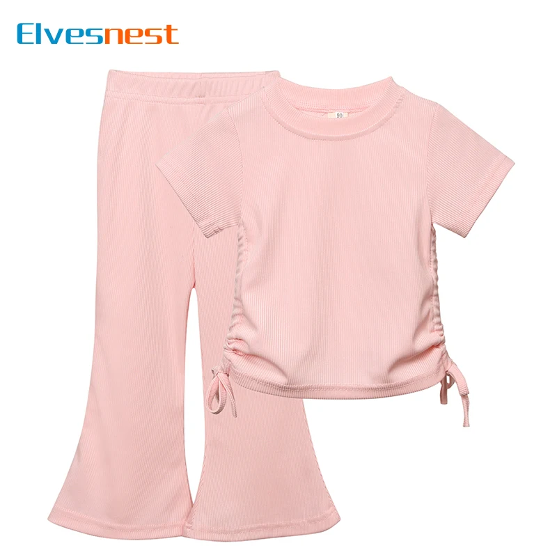 Fashion Solid Color Toddler Girl Clothes Short Sleeve Tops Pants 2 PCS Summer Children Clothing Girl Outfit Set 1-10 Years