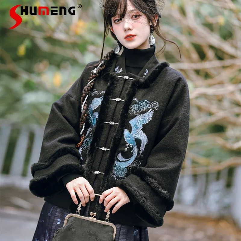 

Square Neck Embroidered Han Element Woolen Jacket Winter Single-breasted Top Long Sleeves Short Warm Comfortable Furry Coat Girl