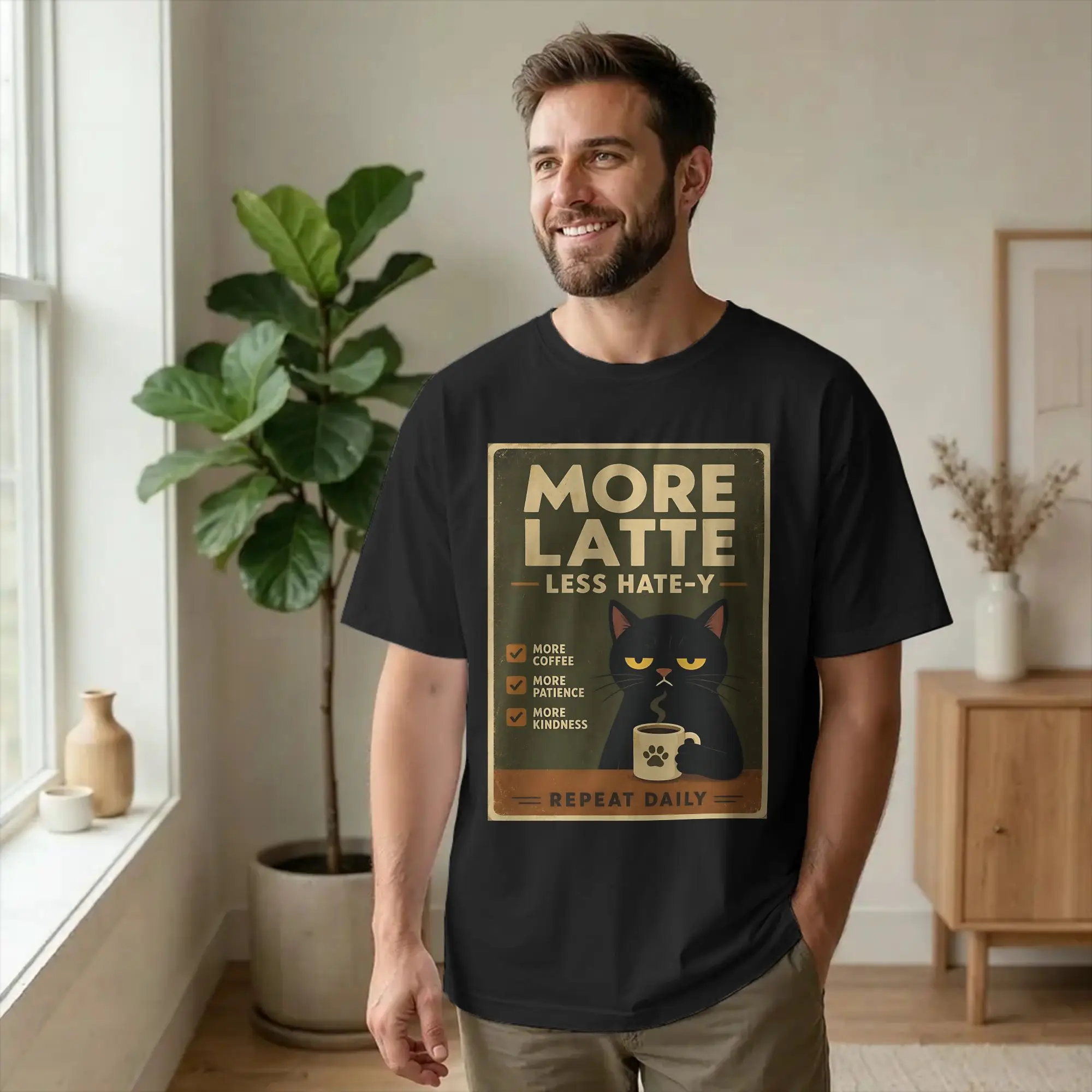 Vintage Grumpy Black Cat More Espresso Less Depresso   T Shirt for Men Women 100% Cotton T-Shirt Round Neck  Tees Tops Plus Size