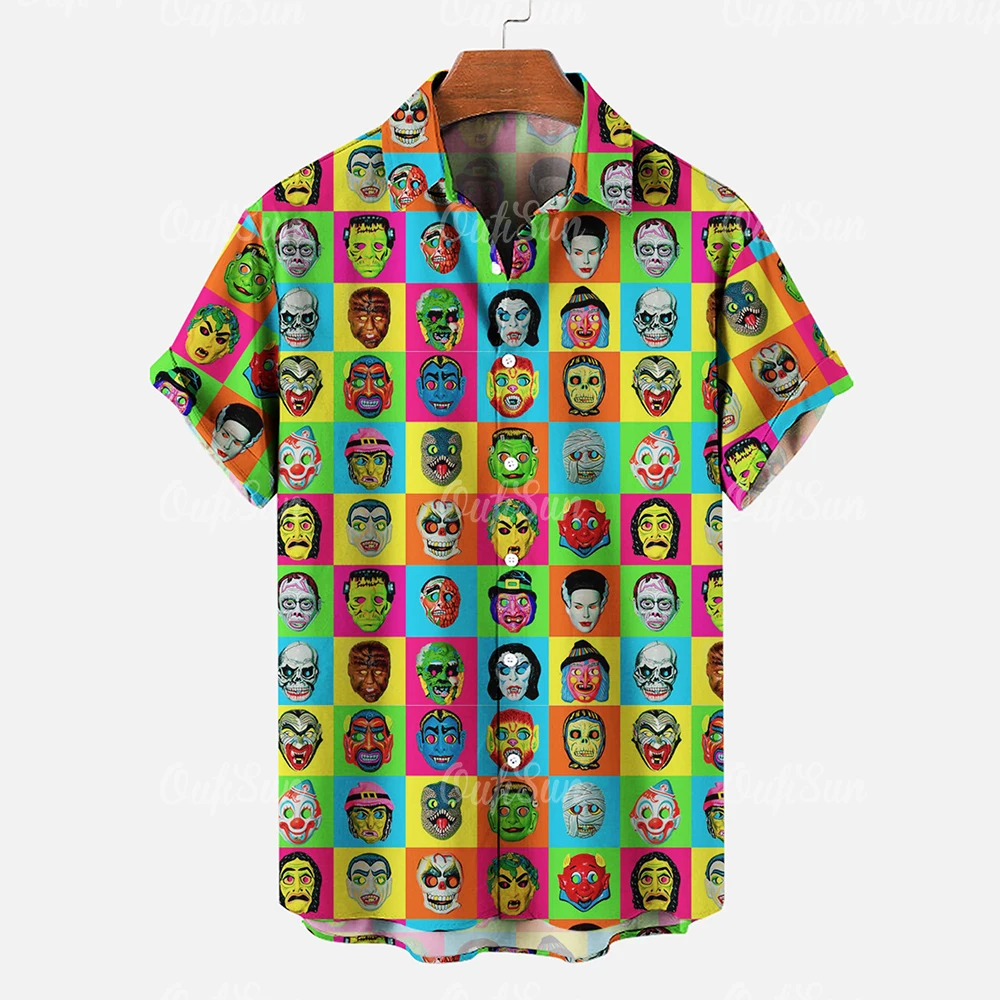 Hawaiian Shirt For Men Summer Short Sleeve Buttons Tops Maya Mask Pattern Print Casual Retro Men\'s Shirts Oversized Clothing