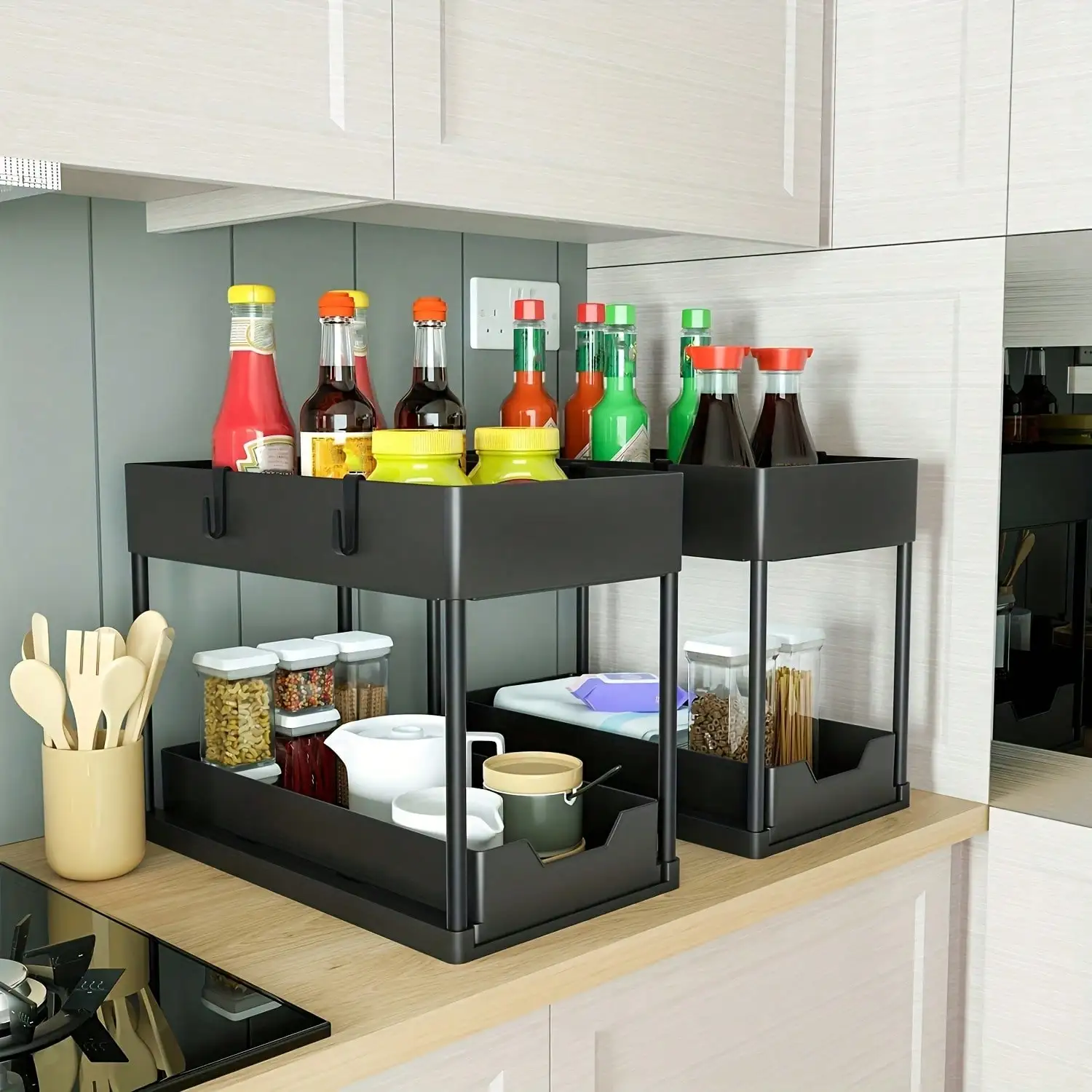 Under Sink Organizer with Sliding Drawers, 2 Tier Pull Out Cabinet Storage Rack with Hooks & Hanging Cup, Double Layer Bathroom Kitchen Storage Shelf for Cosmetics, Coffee Cups, Cleaning Supplies, Black view 7