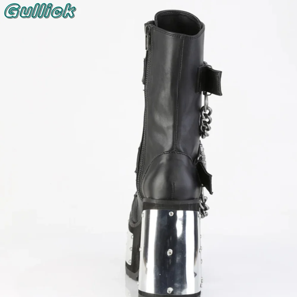 Skeleton Hand Rivets Chain Boots Round Toe Silver Platform Chunky Heel Metal Decor Side Zipper Mid Calf Punk Style Women Shoes