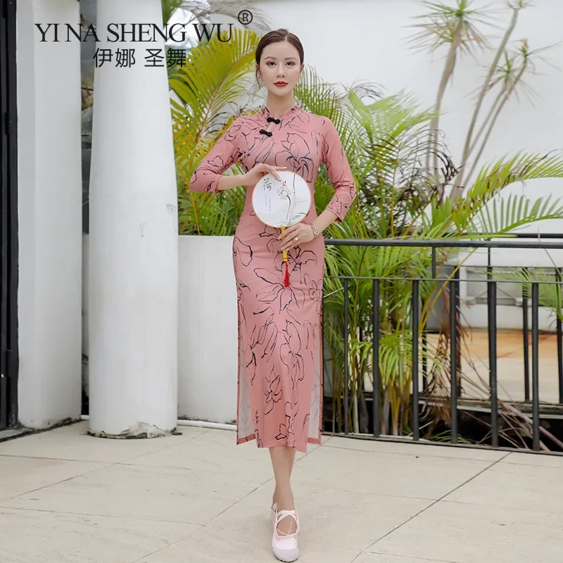 Chinesischen Stil Klassischen Volkstanz Cheongsam Druck Spliss Selbst-anbau Zeigen Kleidung Elastische Praxis Kleidung Frauen