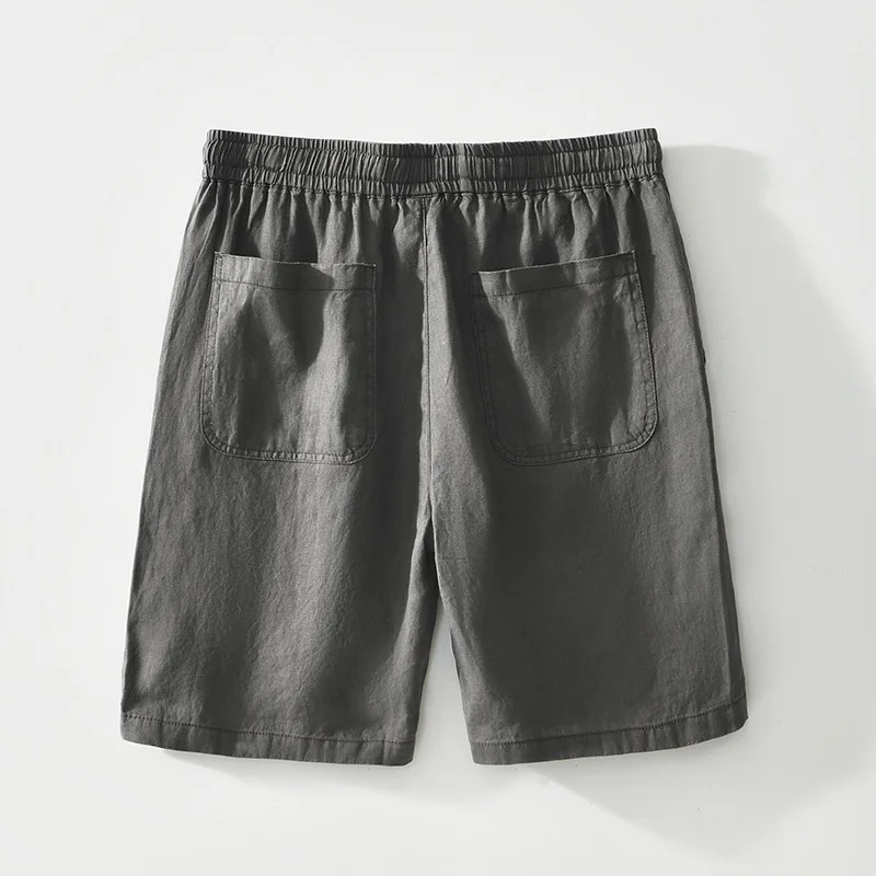 Men 100% Linen Casual Shorts Elastic Waist Drawstring Roll‑Up Hem Beach Summer Shorts Khaki Grey Red