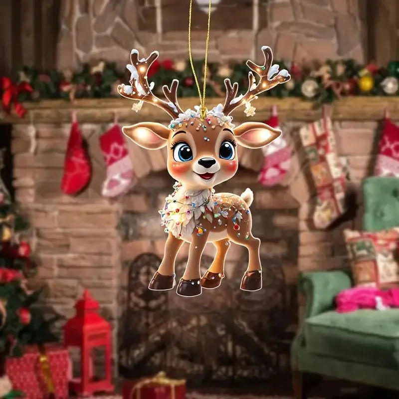 2D อะคริลิคใหม่ Elk ตกแต่งต้นคริสต์มาสการ์ตูน Fawn Christmas Tree แขวนจี้มินิน่ารัก Fawn พิมพ์ตกแต่งคริสต์มาส