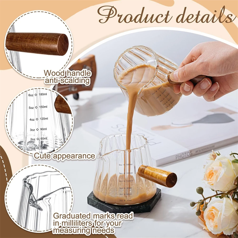 Taza de Café con Asa de Madera, 180 ml, con Escala Clara, Vaso para Espresso con Boca en Forma de V, Espumador de Leche Individual, Taza Medidora